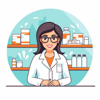 Eczanedeki kadın eczacı. Düz biçimli vektör illüstrasyonu.