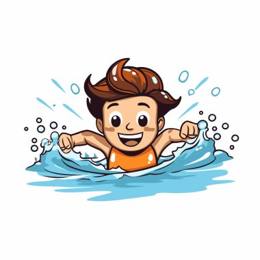 Küçük çocuk denizde yüzüyor. Beyaz arkaplanda vektör illüstrasyonu.