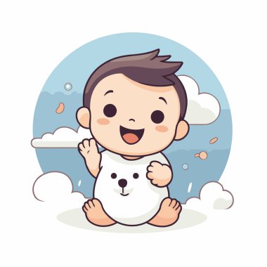 Kardan adamla oynayan sevimli çizgi film çocuğu. Vektör illüstrasyonu.