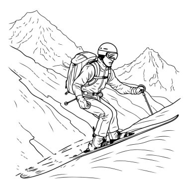 Dağlarda snowboardcu. skeç vektör grafikleri tek renkli