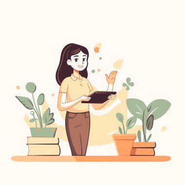 Evde çalışan genç bir kadın. Çizgi film tarzında vektör illüstrasyonu.