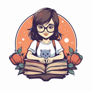 Kitap okuyan tatlı bir kız. Çizgi film tarzında vektör illüstrasyonu.