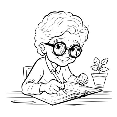 Kitapta yazan gözlüklü sevimli çocuk. Vektör illüstrasyonu.