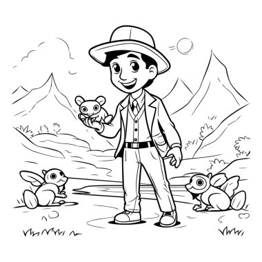 Oyuncak ayıyla şapkalı bir çocuğun vektör çizimi.