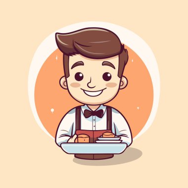 Elinde bir tepsi yemek tutan sevimli bir garson. Çizgi film tarzında vektör illüstrasyonu.