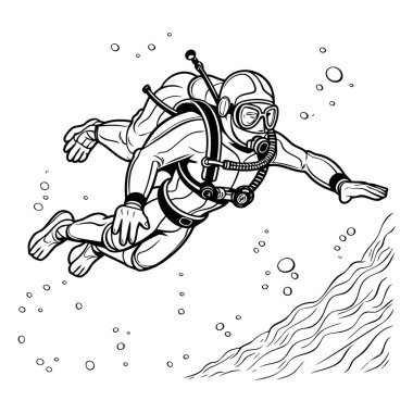 Dalgıç ekipmanlı bir dalgıç. Siyah ve beyaz vektör çizimi.