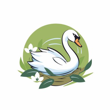 Çiçeklerle yuvada kuğu. Beyaz arkaplanda vektör illüstrasyonu.