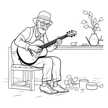 Mutfakta gitar çalan yaşlı bir adam. Siyah ve beyaz vektör çizimi.