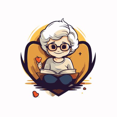 Büyükannem kalp şeklinde bir kitap okuyor. vektör illüstrasyonu.