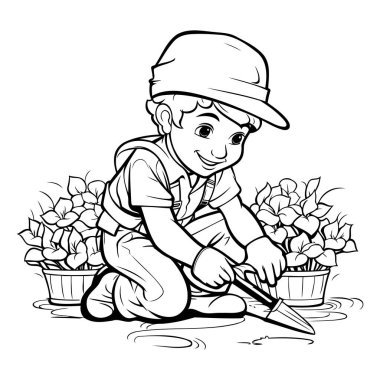 Bahçıvanlık aletleri olan sevimli bir çocuk. Boyama kitabı için siyah ve beyaz vektör çizimi.