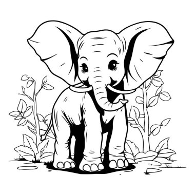 Ormandaki fil. Boyama kitabı için siyah ve beyaz vektör çizimi.