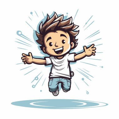 Eller havada zıplayan mutlu çocuk. Vektör illüstrasyonu beyaz arkaplanda izole edildi.