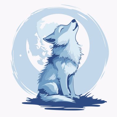 Ay 'da oturan bir kurt tasviri. Vektör illüstrasyonu.