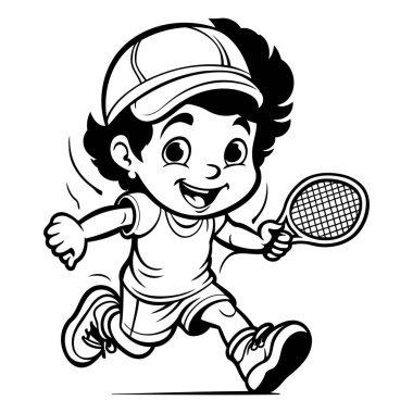 Küçük Tenis Oyuncusu - Siyah ve Beyaz Çizgi Film İllüstrasyonu. Vektör