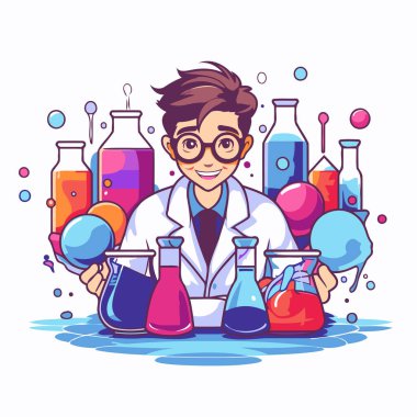 Kimyasal mataraları olan bir bilim adamı. Çizgi film tarzında vektör illüstrasyonu.