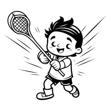 Badminton Oynayan Bir Çocuğun Siyah ve Beyaz Çizgi Filmleri