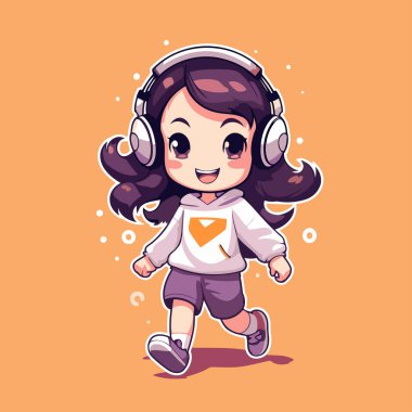 Kulaklıkla müzik dinleyen tatlı küçük kız. Vektör illüstrasyonu.