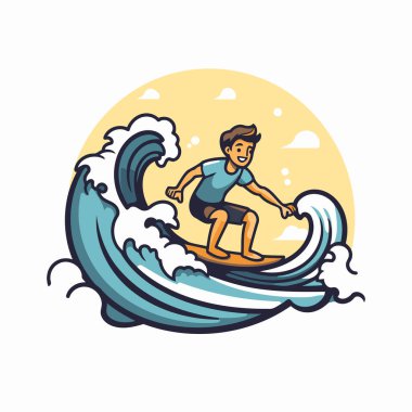 Dalgadaki sörfçü. Düz bir şekilde vektör illüstrasyonu.