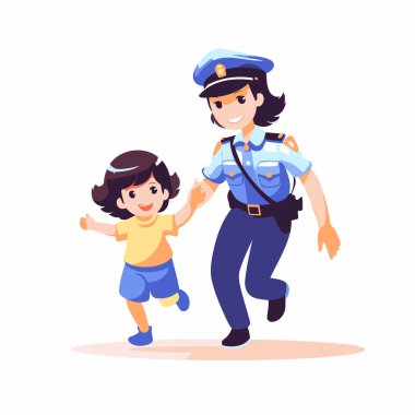 Polis üniformalı çocuklu bir kadın. Vektör illüstrasyonu