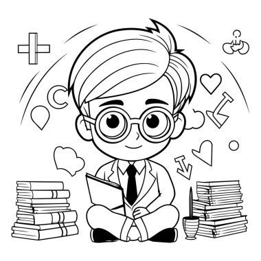 Kitap okuyan gözlüklü sevimli çocuk. Vektör çizimi. Siyah ve beyaz.