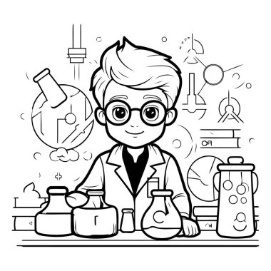 Siyahi ve Beyaz Çizgi Film Bilim Adamı veya Renklendirme Kitabı Kimyacısı