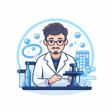 Laboratuvarda çalışan bir bilim adamı. Çizgi film tarzında vektör illüstrasyonu.