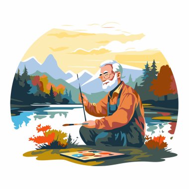 Gölün kıyısında oturup resim yapan yaşlı bir adamın vektör çizimi..