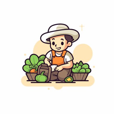 Bahçede çalışan şapkalı ve önlüklü bir çiftçi. Vektör illüstrasyonu.