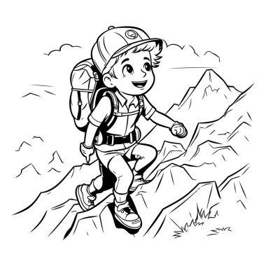 Yürüyüşçü çocuk dağa tırmanıyor. siyah ve beyaz vektör çizimi