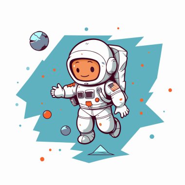 Uzayda bir astronot. Çizgi film tarzı. Beyaz arkaplanda vektör illüstrasyonu.