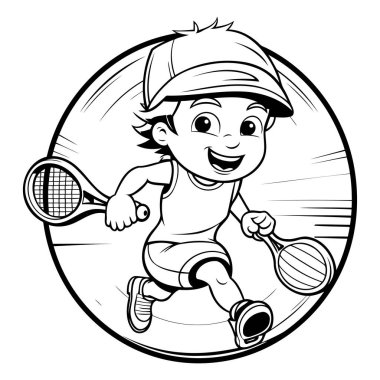 Tenis kortunda tenis oynayan bir çocuğun vektör çizimi. Çocuklar için boyama kitabı.