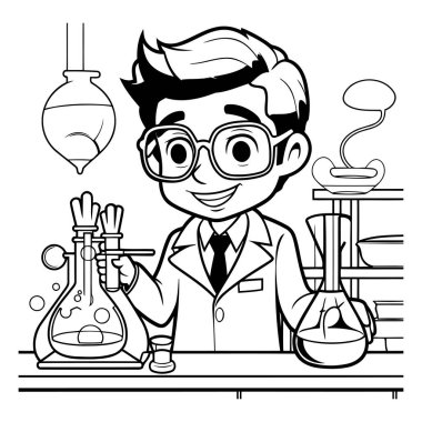Bilim adamı çizgi film tasarımı. Kimya Bilimi Laboratuvarı Araştırma ve Geliştirme Tema Vektörü İllüstrasyonu