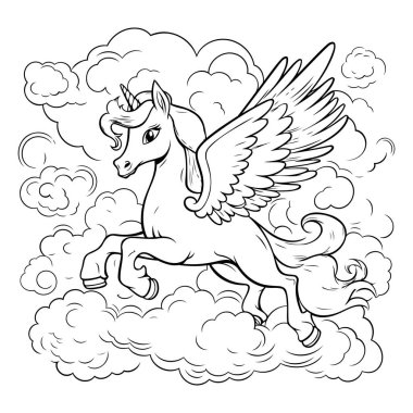Bulutlarda uçan tek boynuzlu at. Siyah ve beyaz vektör çizimi.