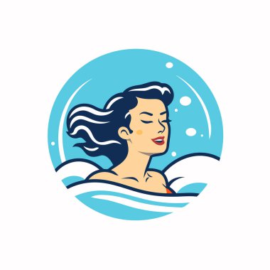 Güzellik salonu logosu şablonu. Denizde banyo yapan bir kadının vektör çizimi.