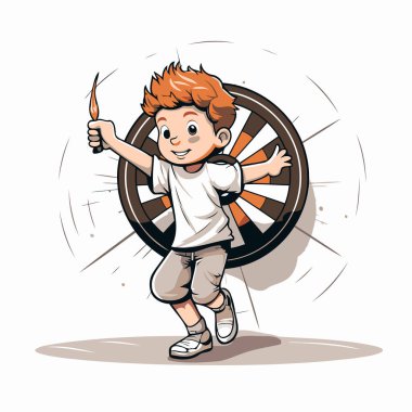 Araba tekeriyle oynayan bir çocuğun çizgi film çizimi.