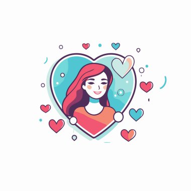 Kalp şekli vektör ikonu olan tatlı bir kız. Aşık bir kız. Romantizm. Sevgililer Günü konsepti.