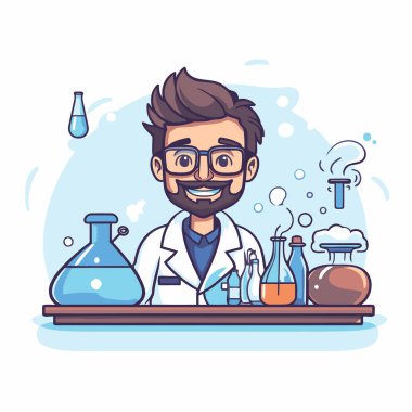 Laboratuvar önlüğü ve gözlüklü bilim adamı. Çizgi film tarzında vektör illüstrasyonu.