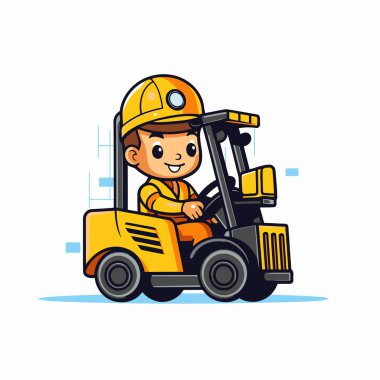 Forklift kullanan şirin bir çocuk. Vektör illüstrasyonu.