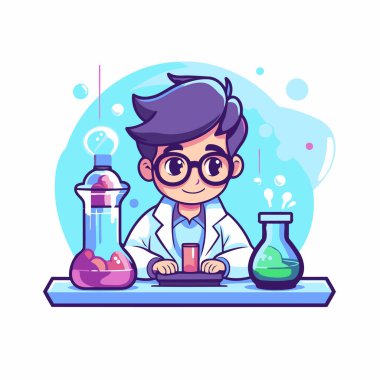 Laboratuvarda çalışan önlüklü ve gözlüklü bilim adamı. Vektör illüstrasyonu