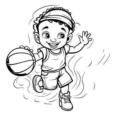 Basketbol ya da Spor Oyunu Boyama Kitabı oynayan bir çocuğun Siyah ve Beyaz Çizgi Film İllüstrasyonu