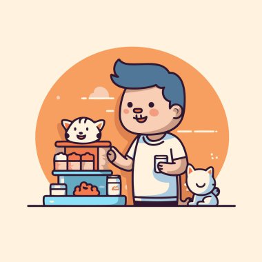 Evcil hayvan dükkanında kedisi ve köpeği olan sevimli bir çocuk. Vektör illüstrasyonu
