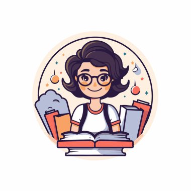 Kitaplar ve dondurmalarla gözlüklü kız öğrencinin vektör çizimi.