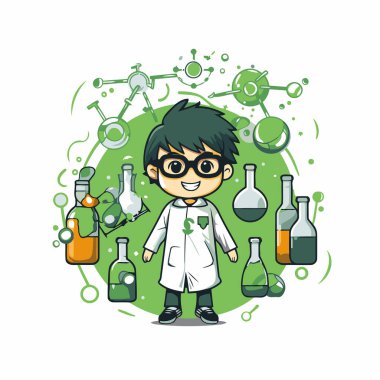 Kimyasal laboratuvar cam vektör çizimi olan bilim adamı çocuk çizgi film karakteri
