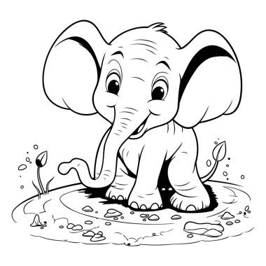 Çocuklar için boyama kitabı: Su birikintisindeki fil - vektör illüstrasyonu