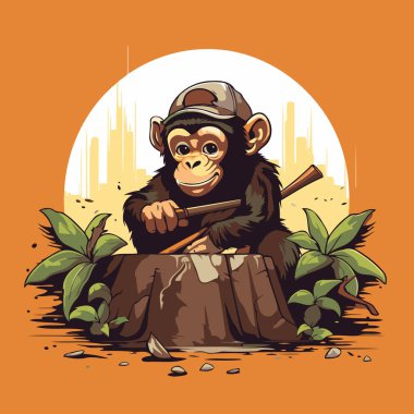 Maymun kütüğe oturup davul çalıyor. Vektör illüstrasyonu.