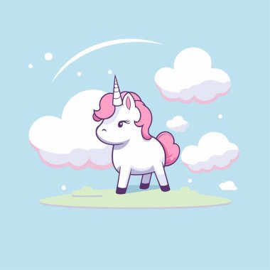 Bulutlardaki tek boynuzlu at. Şirin çizgi film vektör illüstrasyonu.