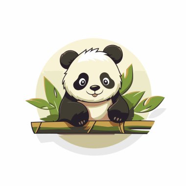 Bambunun üzerinde oturan sevimli panda. Çizgi film tarzında vektör illüstrasyonu.