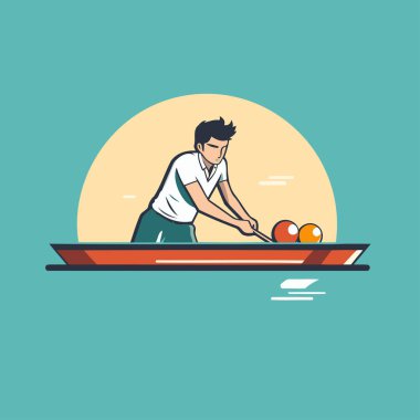 Teknede bilardo oynayan bir adam. Düz tasarım vektör çizimi.