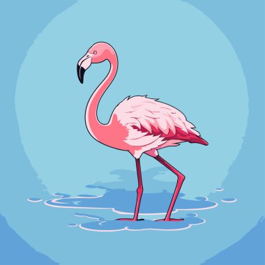 Mavi arka planda pembe flamingo. Çizgi film tarzında vektör illüstrasyonu