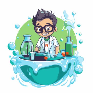 Elinde matarayla çizgi film bilim adamı. Vektör illüstrasyonu.